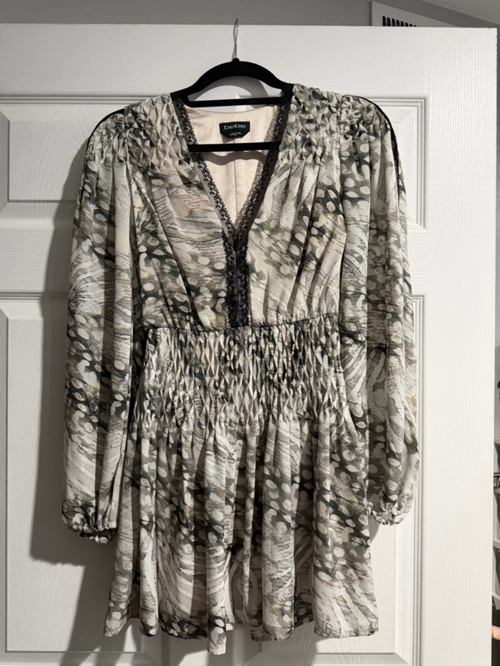 bebe Cream and Olive Abstract-Print Long Sleeve Smocked Dress